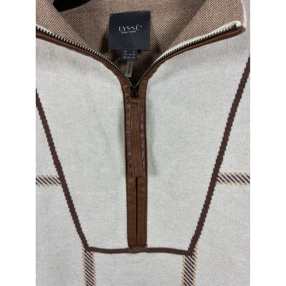 Lysse New York Womens Large Cream Brown Windowpane Grid Quarter Zip Sweater - Picture 5 of 6
